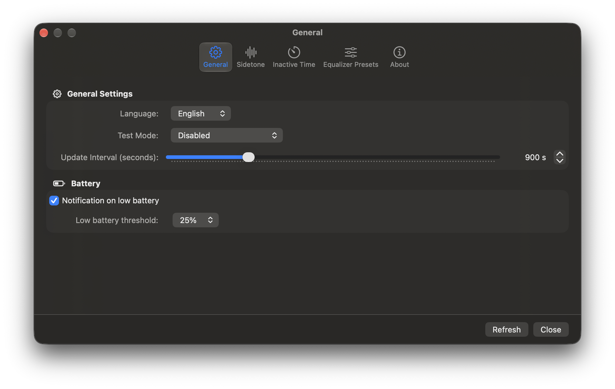 HeadsetControl-MacOSTray settings window with refresh interval and low battery notification options