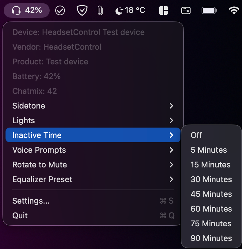 HeadsetControl-MacOSTray menu showing battery, chatmix, and supported headset controls