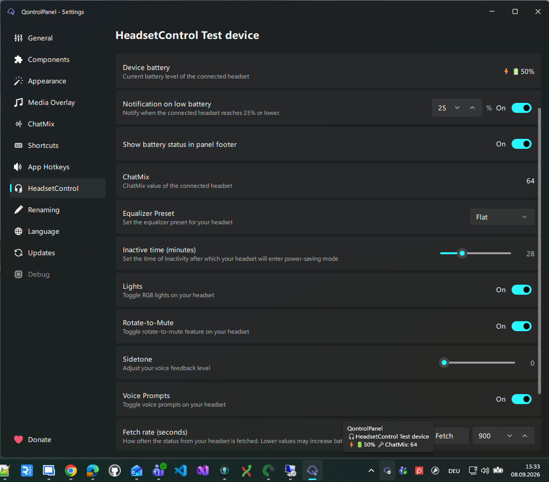 QontrolPanel headset settings with battery alerts, ChatMix, equalizer presets, lighting, sidetone, and other supported options