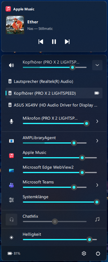 QontrolPanel showing media playback, device selection, individual app volumes, ChatMix, display brightness, and headset battery status
