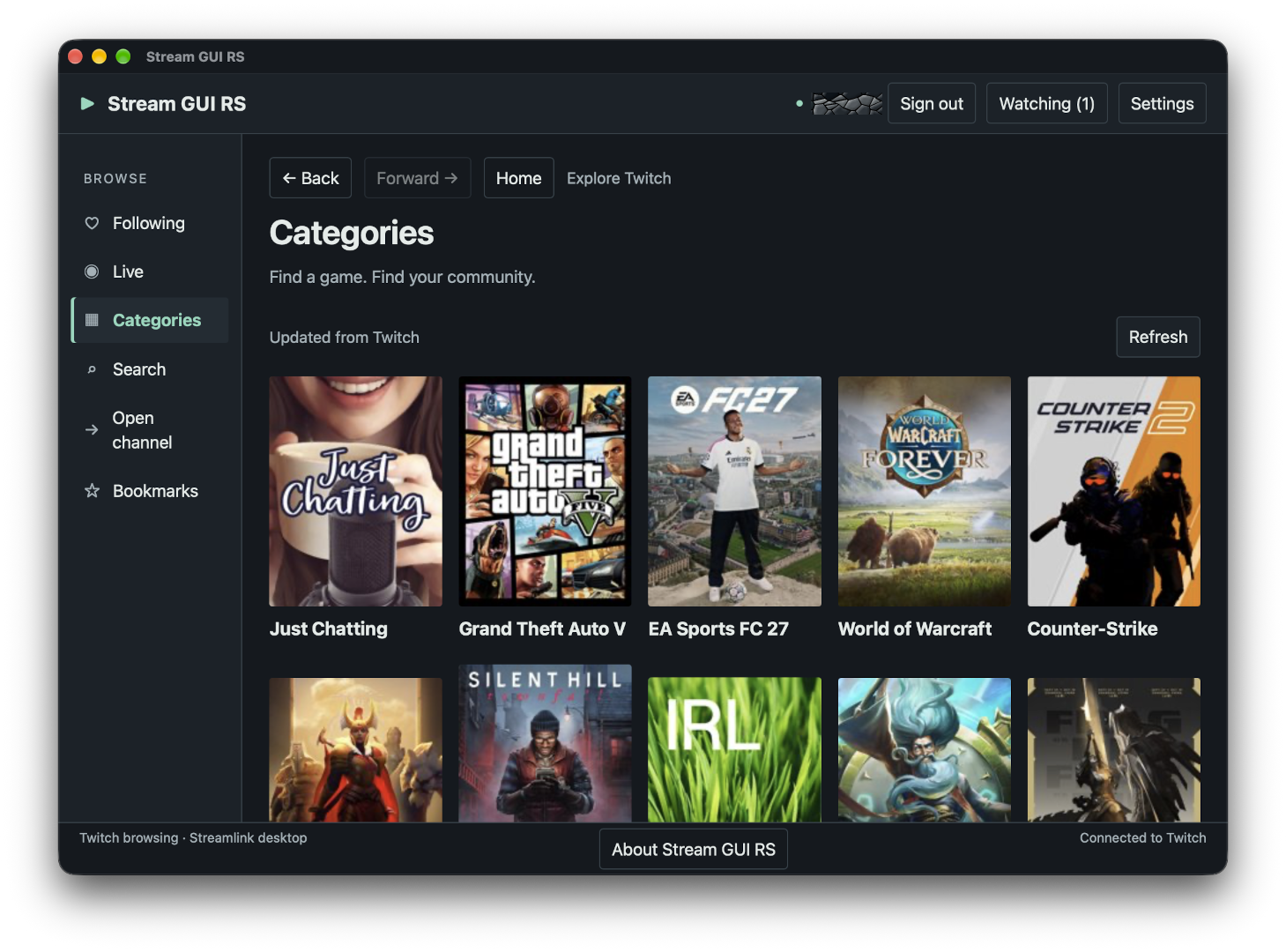 Stream GUI RS showing the Twitch categories browser in its compact dark interface